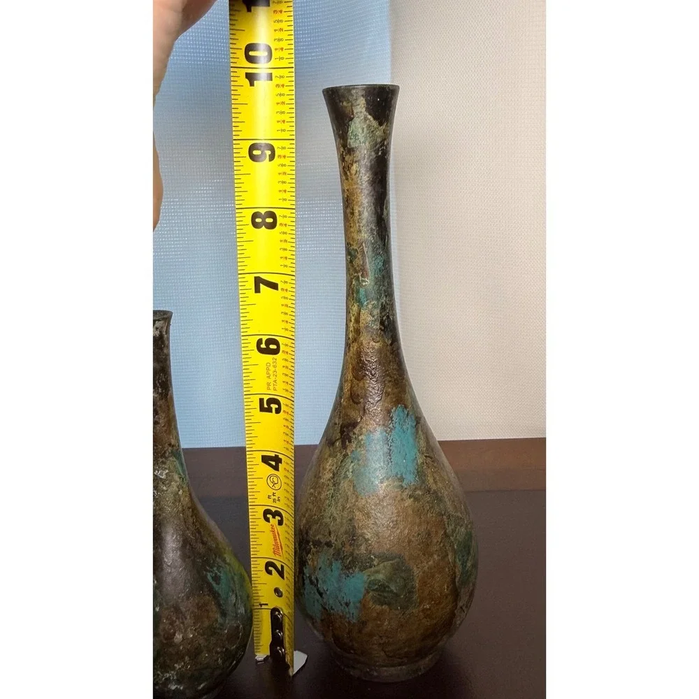 Vintage Japanese Style Patinated Bronze Solifleur Bud Vase Set Verdigris MCM